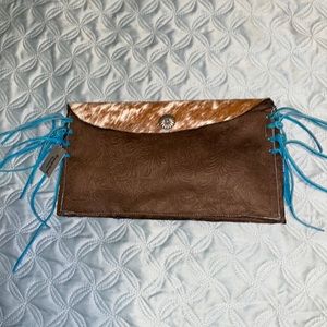 NWT ClutchTooled brown leather with cow hide flap and back with turquoise fringe